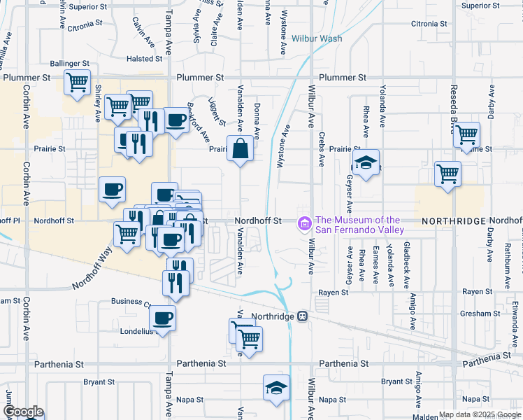 map of restaurants, bars, coffee shops, grocery stores, and more near 19029 Nordhoff Street in Los Angeles