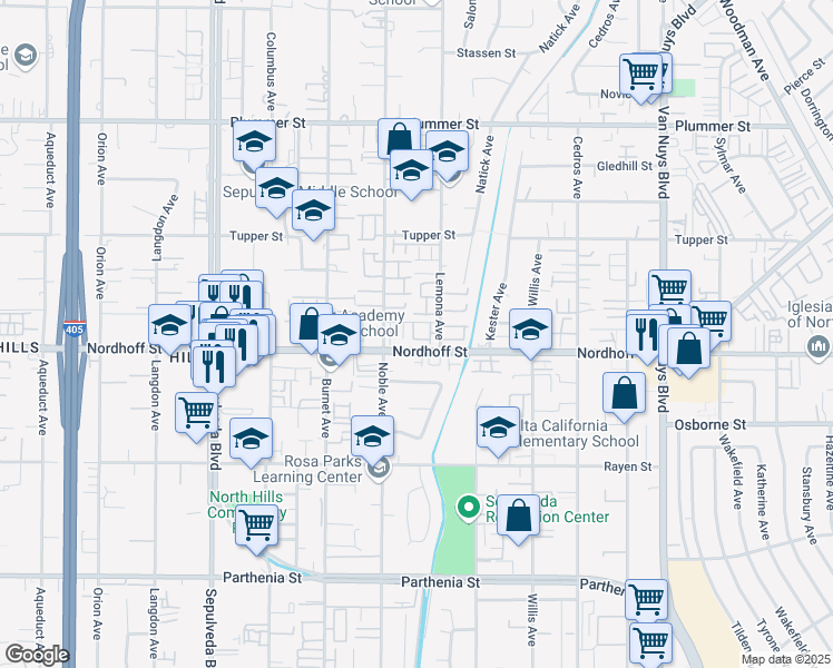 map of restaurants, bars, coffee shops, grocery stores, and more near 9111 Lemona Avenue in Los Angeles