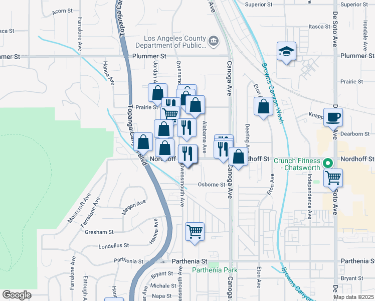 map of restaurants, bars, coffee shops, grocery stores, and more near 21541 Nordhoff Street in Los Angeles