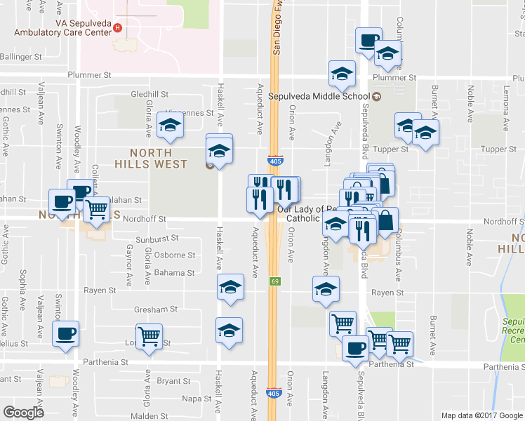 map of restaurants, bars, coffee shops, grocery stores, and more near 15651 Nordhoff Street in Los Angeles