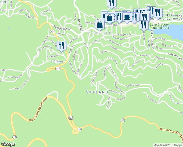 map of restaurants, bars, coffee shops, grocery stores, and more near 23650 Crest Forest Drive in Crestline