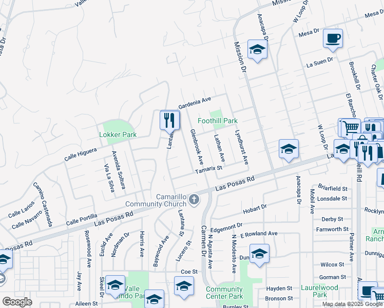 map of restaurants, bars, coffee shops, grocery stores, and more near 190 Gardenia Avenue in Camarillo
