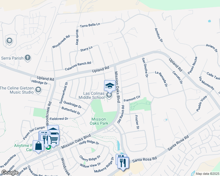 map of restaurants, bars, coffee shops, grocery stores, and more near 5794 Firebird Court in Camarillo