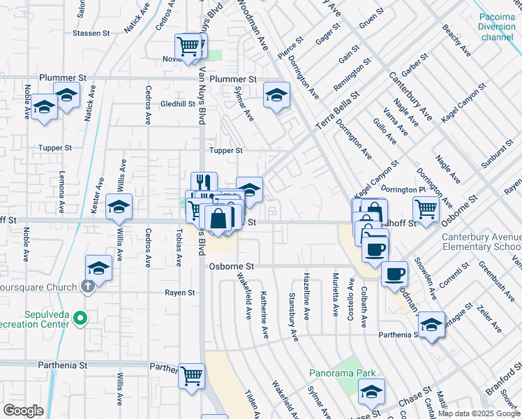 map of restaurants, bars, coffee shops, grocery stores, and more near 9120 North Nilo Lane in Los Angeles