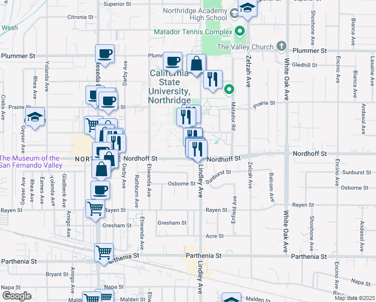 map of restaurants, bars, coffee shops, grocery stores, and more near 18111 Nordhoff Street in Los Angeles