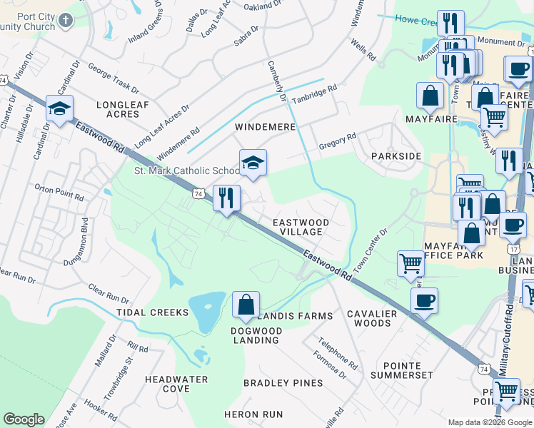 map of restaurants, bars, coffee shops, grocery stores, and more near 1005 Bay Branch Circle in Wilmington