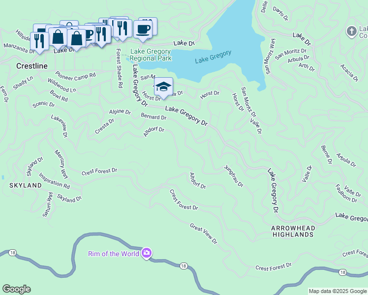 map of restaurants, bars, coffee shops, grocery stores, and more near Lausanne Drive in Crestline