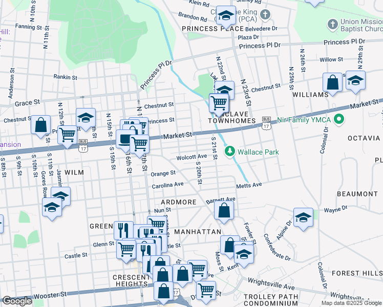 map of restaurants, bars, coffee shops, grocery stores, and more near 1917 Wolcott Avenue in Wilmington