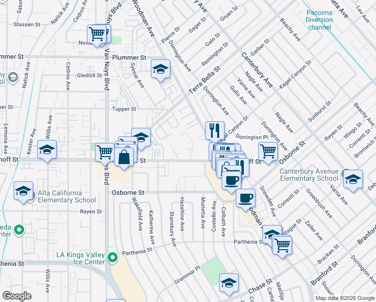 map of restaurants, bars, coffee shops, grocery stores, and more near 14230 Calahan Street in Los Angeles
