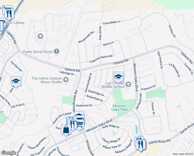 map of restaurants, bars, coffee shops, grocery stores, and more near 1821 Ridgewood Drive in Camarillo