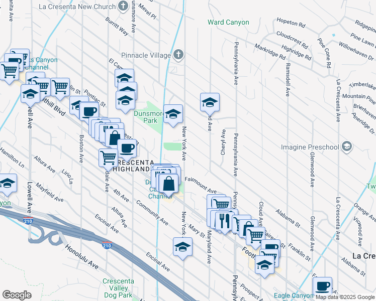 map of restaurants, bars, coffee shops, grocery stores, and more near 4704 New York Avenue in Glendale