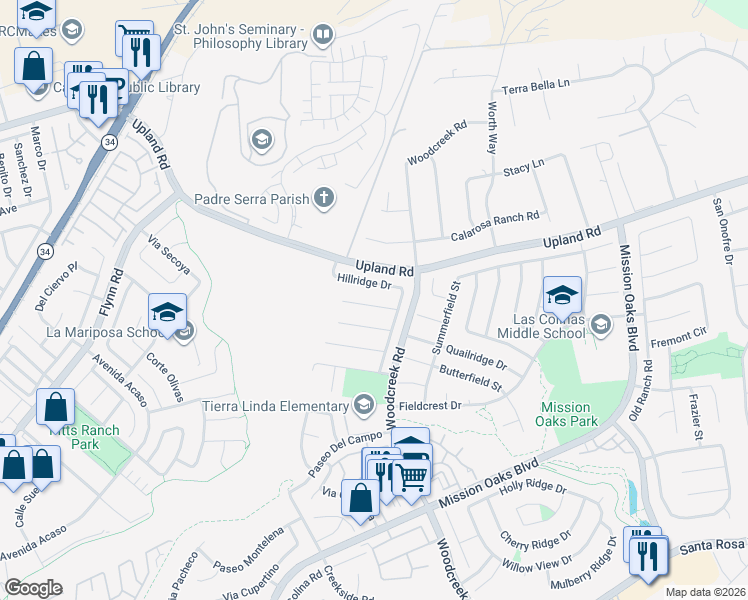 map of restaurants, bars, coffee shops, grocery stores, and more near 5267 Goldenridge Court in Camarillo