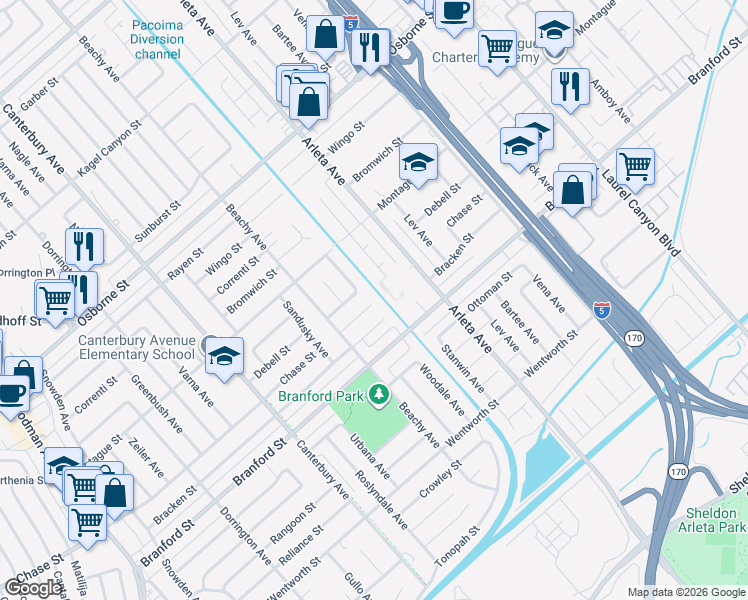 map of restaurants, bars, coffee shops, grocery stores, and more near 13301 Chase Street in Los Angeles