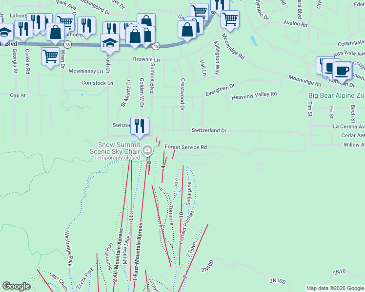 map of restaurants, bars, coffee shops, grocery stores, and more near 41935 Switzerland Drive in Big Bear Lake