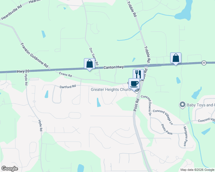 map of restaurants, bars, coffee shops, grocery stores, and more near 4425 Idlewood Drive in Cumming