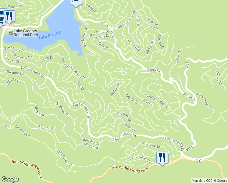map of restaurants, bars, coffee shops, grocery stores, and more near Balfrin Drive in Crestline