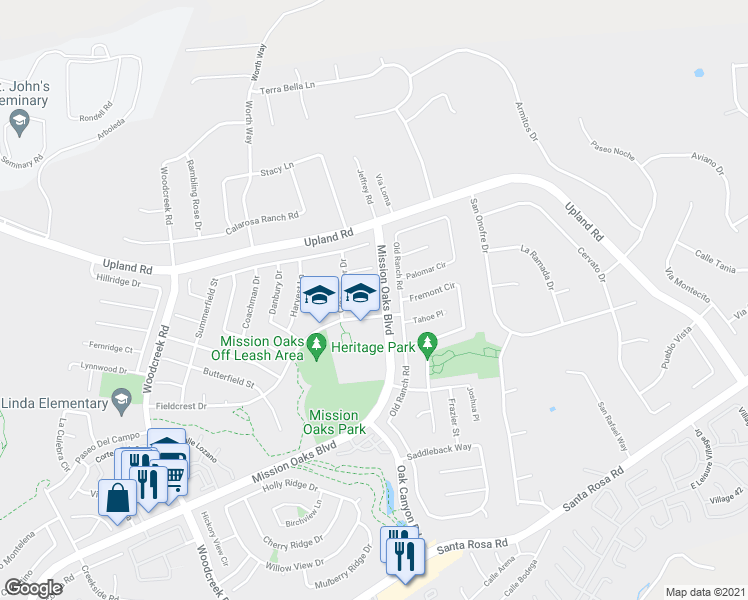 map of restaurants, bars, coffee shops, grocery stores, and more near 5842 Firebird Court in Camarillo