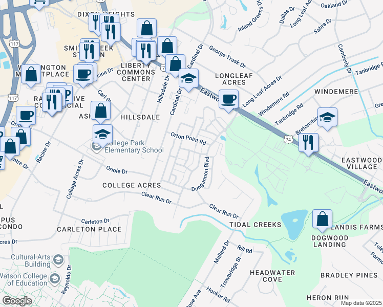 map of restaurants, bars, coffee shops, grocery stores, and more near Battery Place in Wilmington