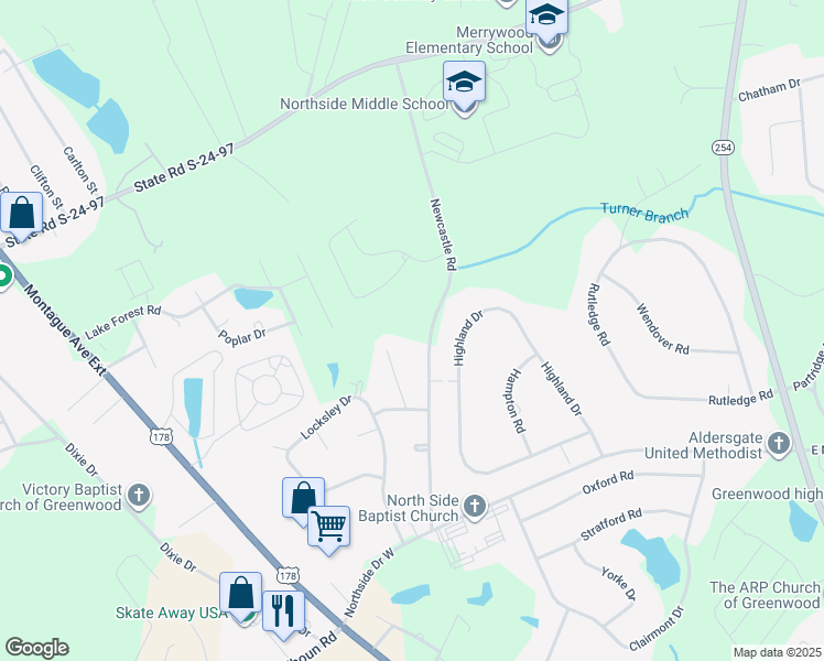 map of restaurants, bars, coffee shops, grocery stores, and more near 315 Newcastle Road in Greenwood