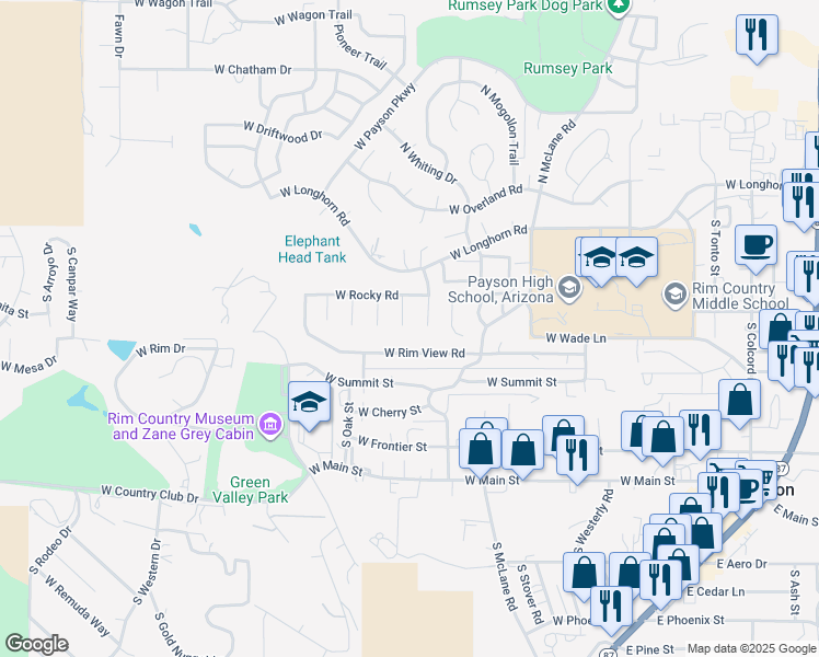 map of restaurants, bars, coffee shops, grocery stores, and more near 311 South Red Rock Point in Payson