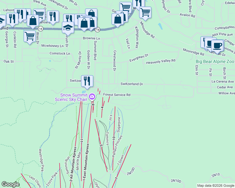 map of restaurants, bars, coffee shops, grocery stores, and more near 41935 Switzerland Drive in Big Bear Lake