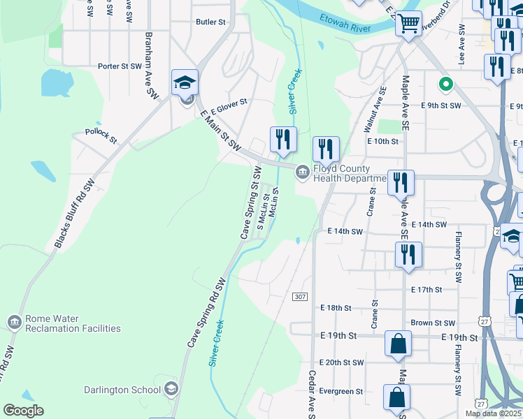 map of restaurants, bars, coffee shops, grocery stores, and more near 316 South McLin Street in Rome
