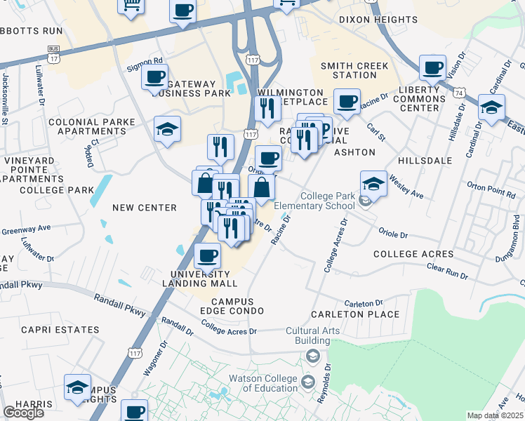 map of restaurants, bars, coffee shops, grocery stores, and more near 309 College Road in Wilmington