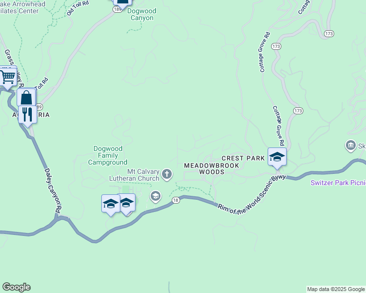 map of restaurants, bars, coffee shops, grocery stores, and more near 27442 Meadow Drive in Lake Arrowhead