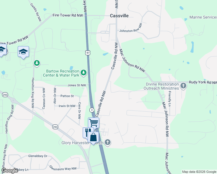 map of restaurants, bars, coffee shops, grocery stores, and more near 1482 Cassville Road Northwest in Cartersville