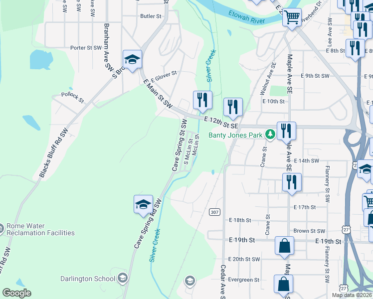 map of restaurants, bars, coffee shops, grocery stores, and more near 316 South McLin Street in Rome