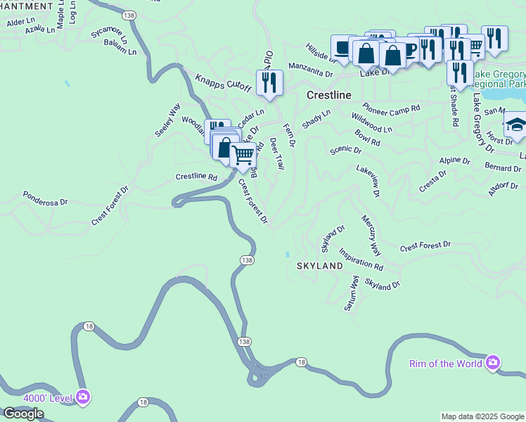 map of restaurants, bars, coffee shops, grocery stores, and more near 23542 Crest Forest Drive in Crestline