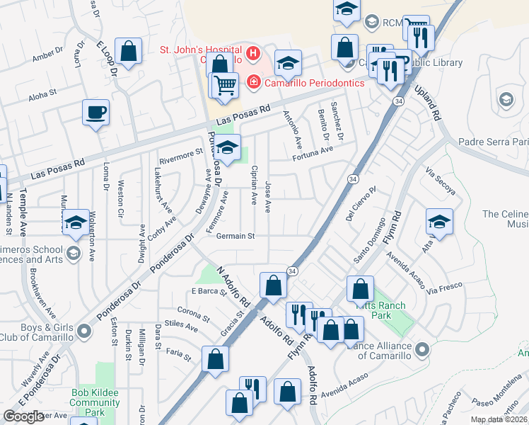 map of restaurants, bars, coffee shops, grocery stores, and more near 1763 Jose Avenue in Camarillo