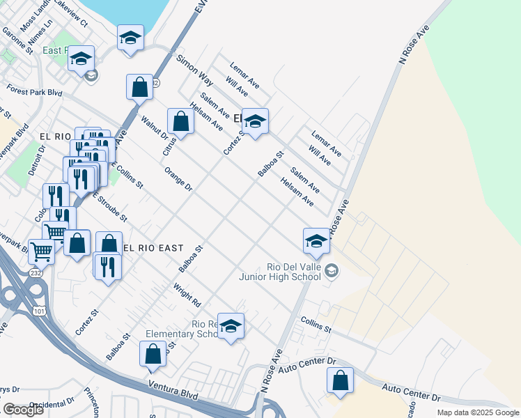 map of restaurants, bars, coffee shops, grocery stores, and more near 833 Walnut Drive in Oxnard