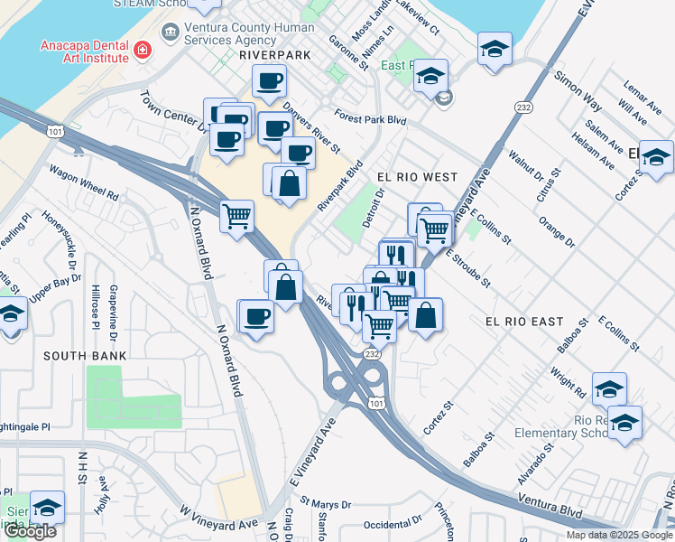 map of restaurants, bars, coffee shops, grocery stores, and more near 277 Olive Street in Oxnard