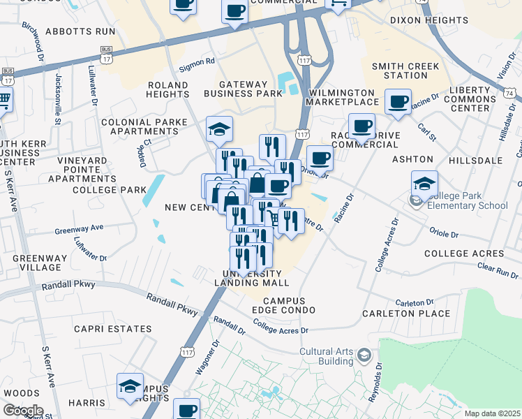 map of restaurants, bars, coffee shops, grocery stores, and more near 318 South College Road in Wilmington
