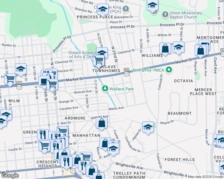 map of restaurants, bars, coffee shops, grocery stores, and more near 108-110 Borden Avenue in Wilmington
