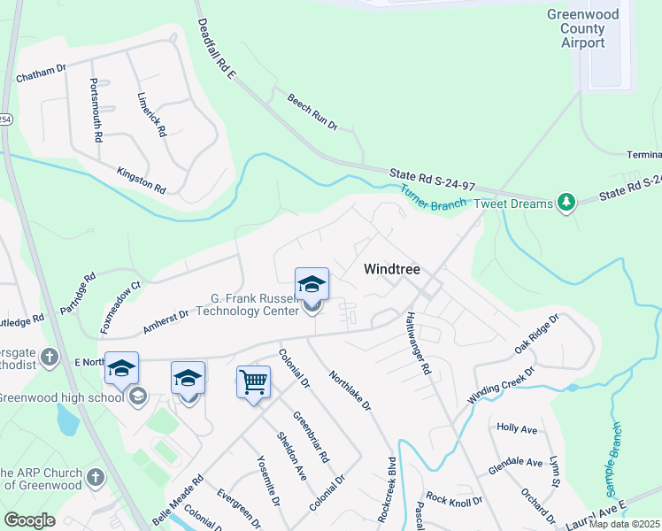 map of restaurants, bars, coffee shops, grocery stores, and more near 118 Windtree Court in Greenwood