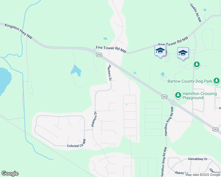 map of restaurants, bars, coffee shops, grocery stores, and more near 34 Planters Drive in Cartersville