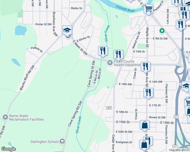 map of restaurants, bars, coffee shops, grocery stores, and more near 316 South McLin Street in Rome