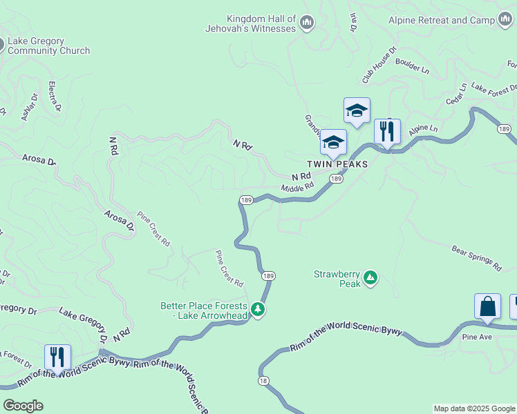 map of restaurants, bars, coffee shops, grocery stores, and more near 25747 California 189 in Twin Peaks