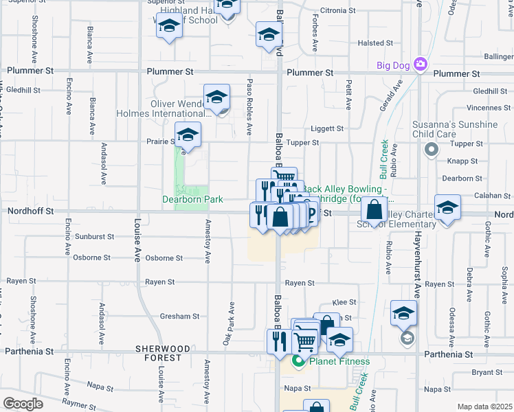 map of restaurants, bars, coffee shops, grocery stores, and more near 17036 Calahan Street in Los Angeles