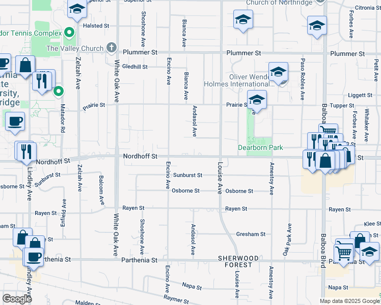 map of restaurants, bars, coffee shops, grocery stores, and more near 17417 Nordhoff Street in Los Angeles