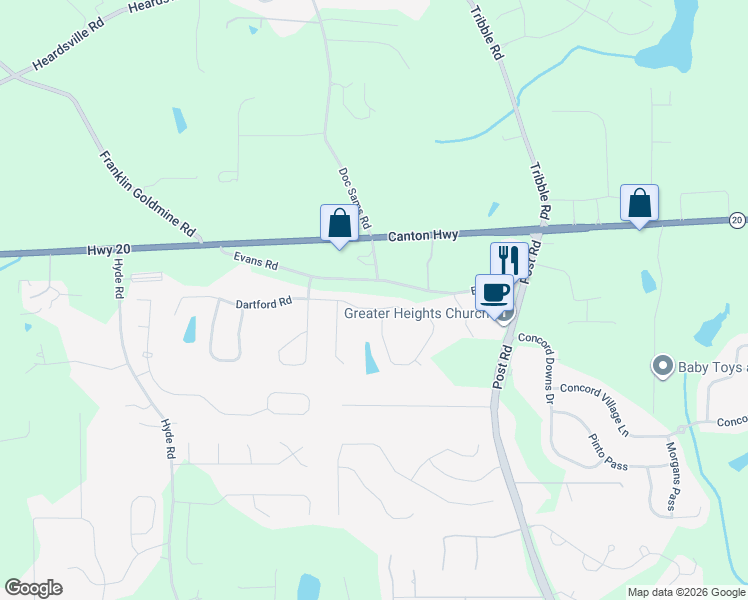 map of restaurants, bars, coffee shops, grocery stores, and more near 3919 Evans Road in Cumming