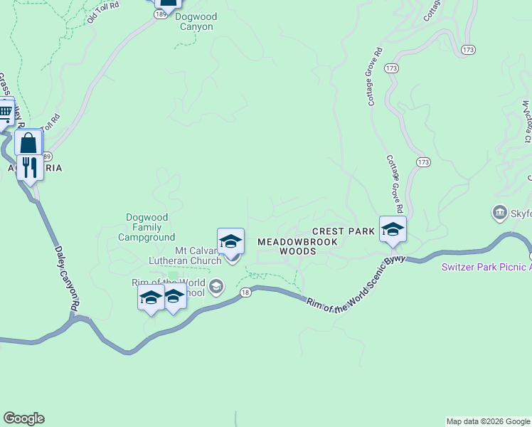 map of restaurants, bars, coffee shops, grocery stores, and more near 27472 Meadow Drive in Lake Arrowhead