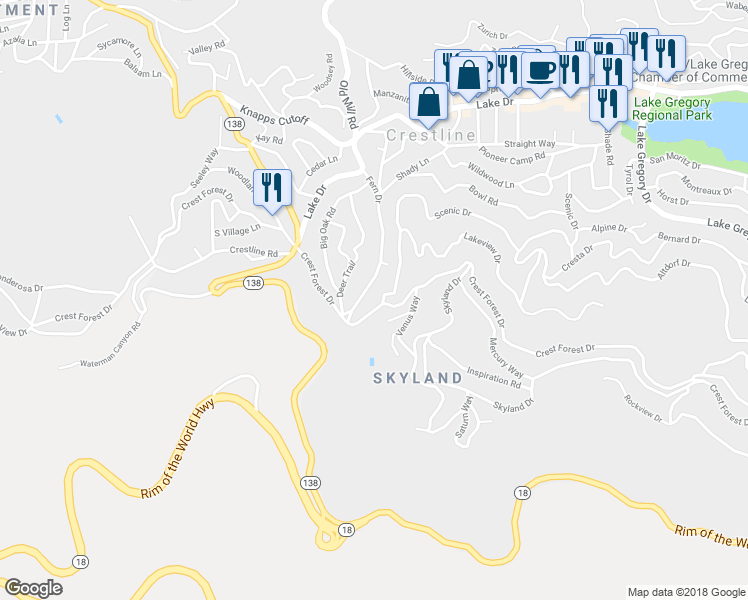 map of restaurants, bars, coffee shops, grocery stores, and more near 23618 Crest Forest Drive in Crestline