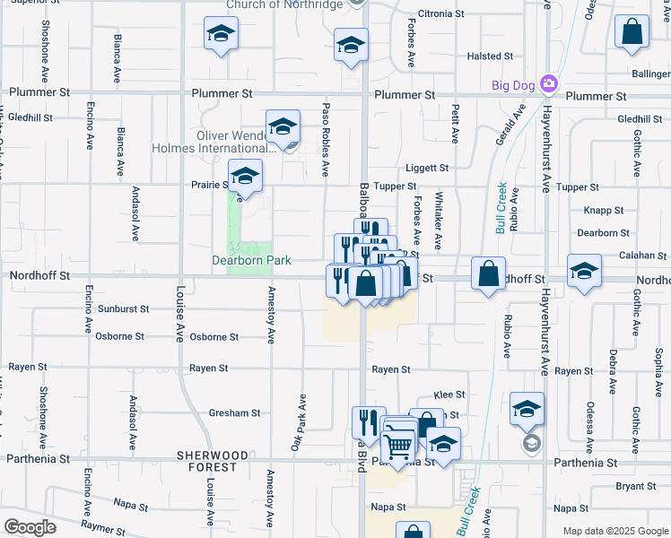 map of restaurants, bars, coffee shops, grocery stores, and more near 17036 Calahan Street in Los Angeles