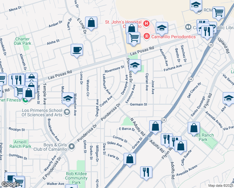 map of restaurants, bars, coffee shops, grocery stores, and more near 1739 Dewayne Avenue in Camarillo
