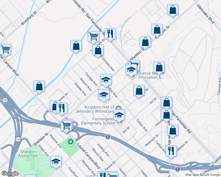 map of restaurants, bars, coffee shops, grocery stores, and more near 9166 Telfair Avenue in Los Angeles