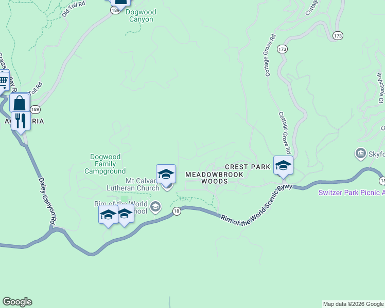 map of restaurants, bars, coffee shops, grocery stores, and more near 27472 Meadow Drive in Lake Arrowhead