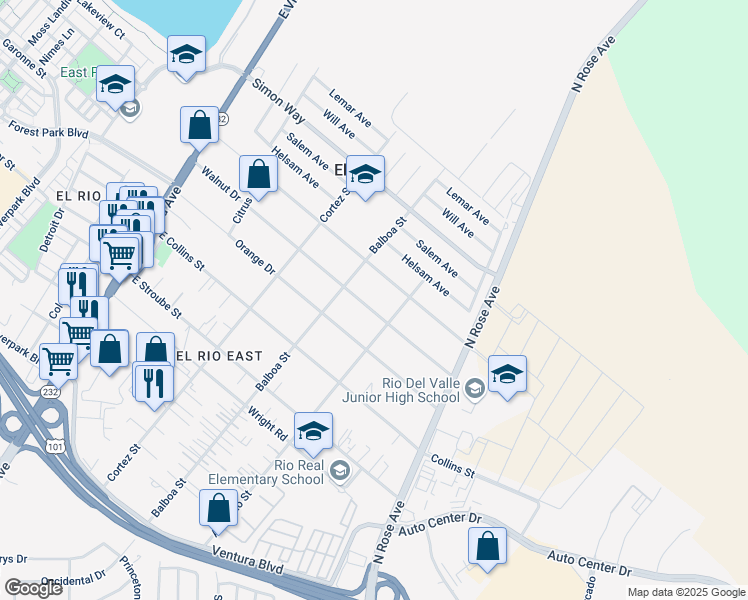 map of restaurants, bars, coffee shops, grocery stores, and more near 833 Walnut Drive in Oxnard